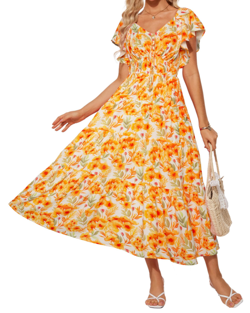 Isabella Women's Floral Maxi Dress – V-Neck Ruffle Sleeve Summer Dress
