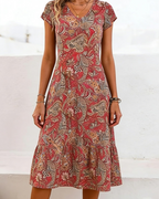 Geneva Women's Floral Midi Dress – V-Neck Short Sleeve A-Line Summer Dress