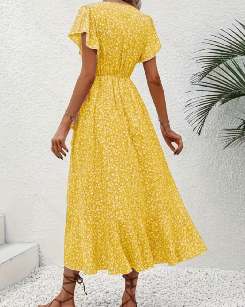 Celeste Women's Floral Midi Dress – V-Neck Flutter Sleeve Empire Waist Summer Dress