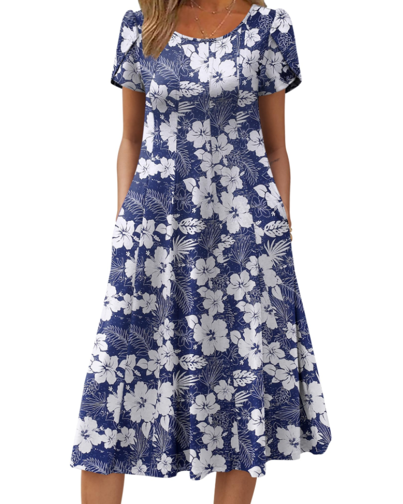 Emma Women's Midi Dress – A-Line Short Sleeve Summer Dress with Pockets