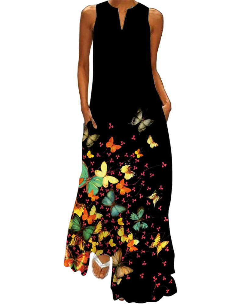 Ruby Women's Butterfly Floral Maxi Dress – Bohemian Sleeveless Summer Dress with Pockets