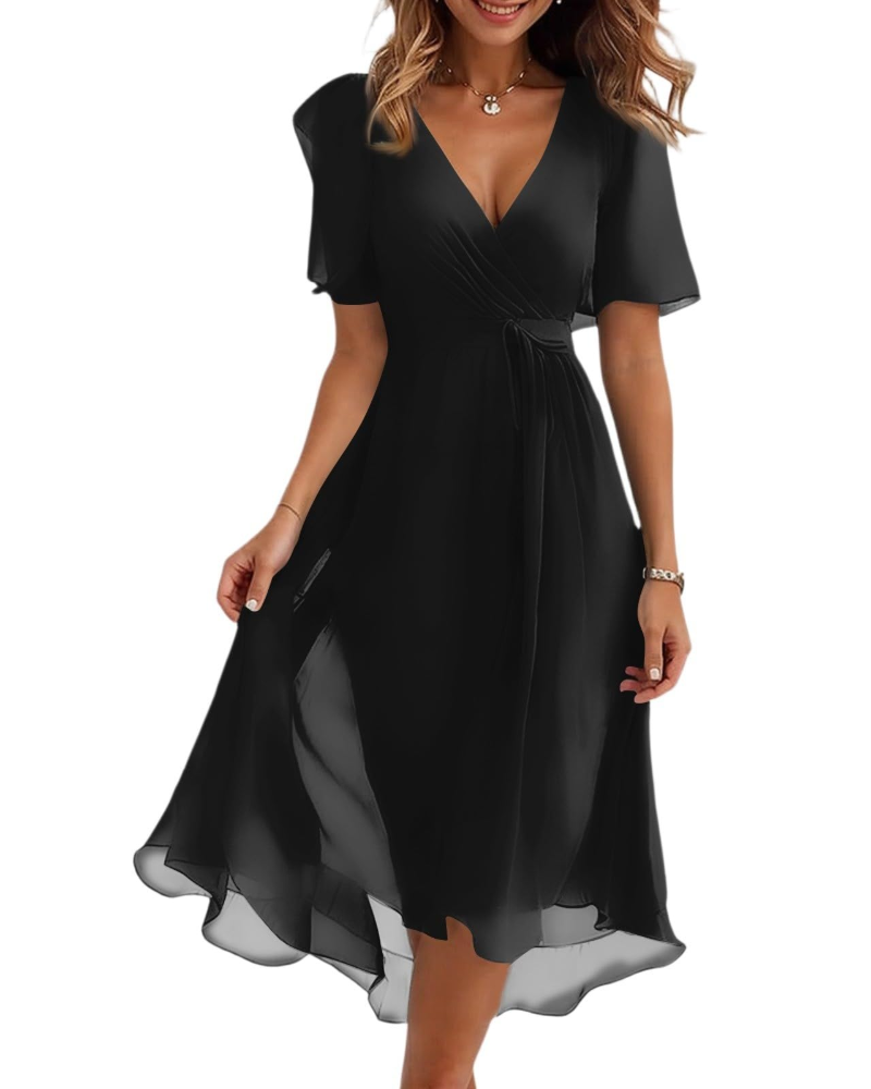 Evelyn Women's Floral Midi Dress – V-Neck Chiffon Wedding Guest Dress with Belt