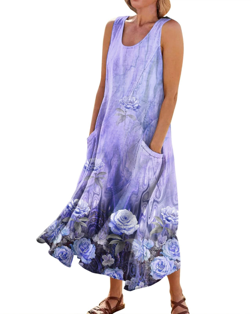 Autumn Women's Bohemian Maxi Dress – Casual Floral Summer Dress with Pockets