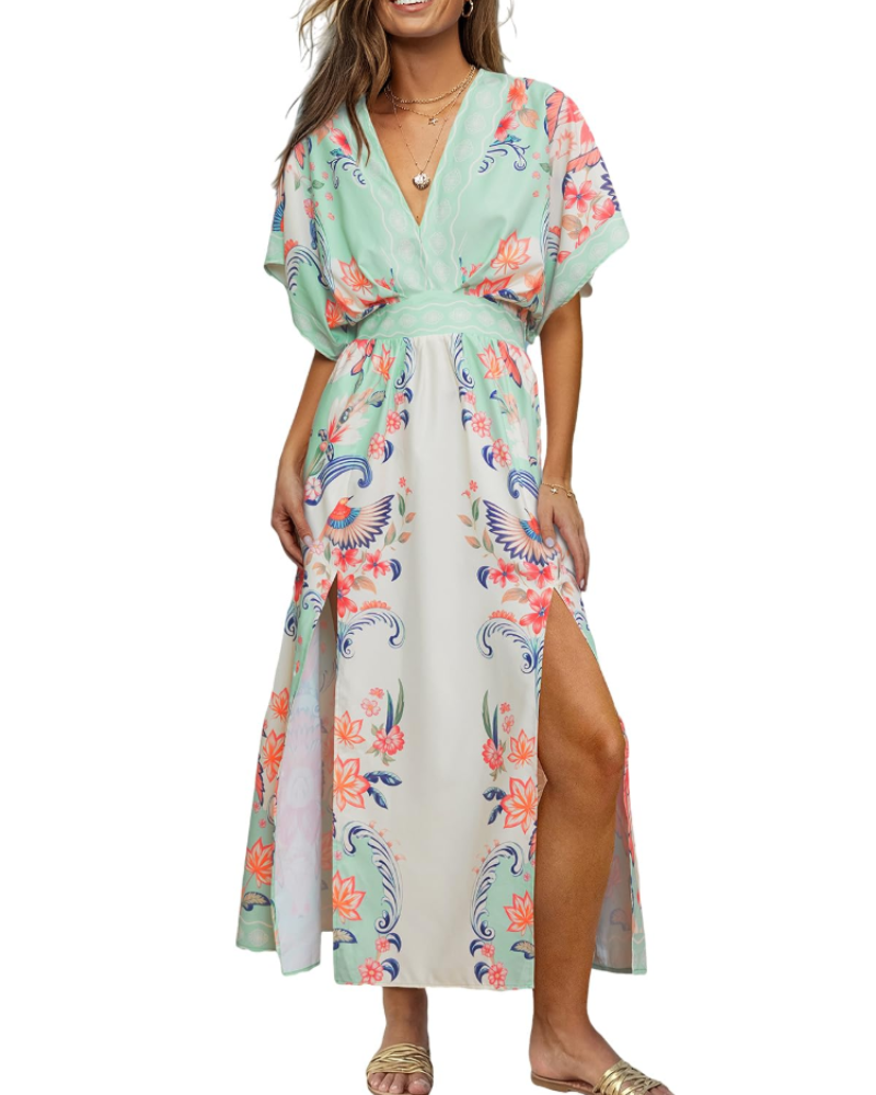 Serena Women's Bohemian Maxi Dress – Floral V-Neck Beach Holiday Dress with Side Slit