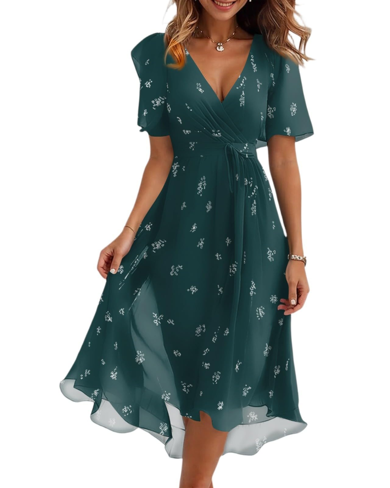 Evelyn Women's Floral Midi Dress – V-Neck Chiffon Wedding Guest Dress with Belt