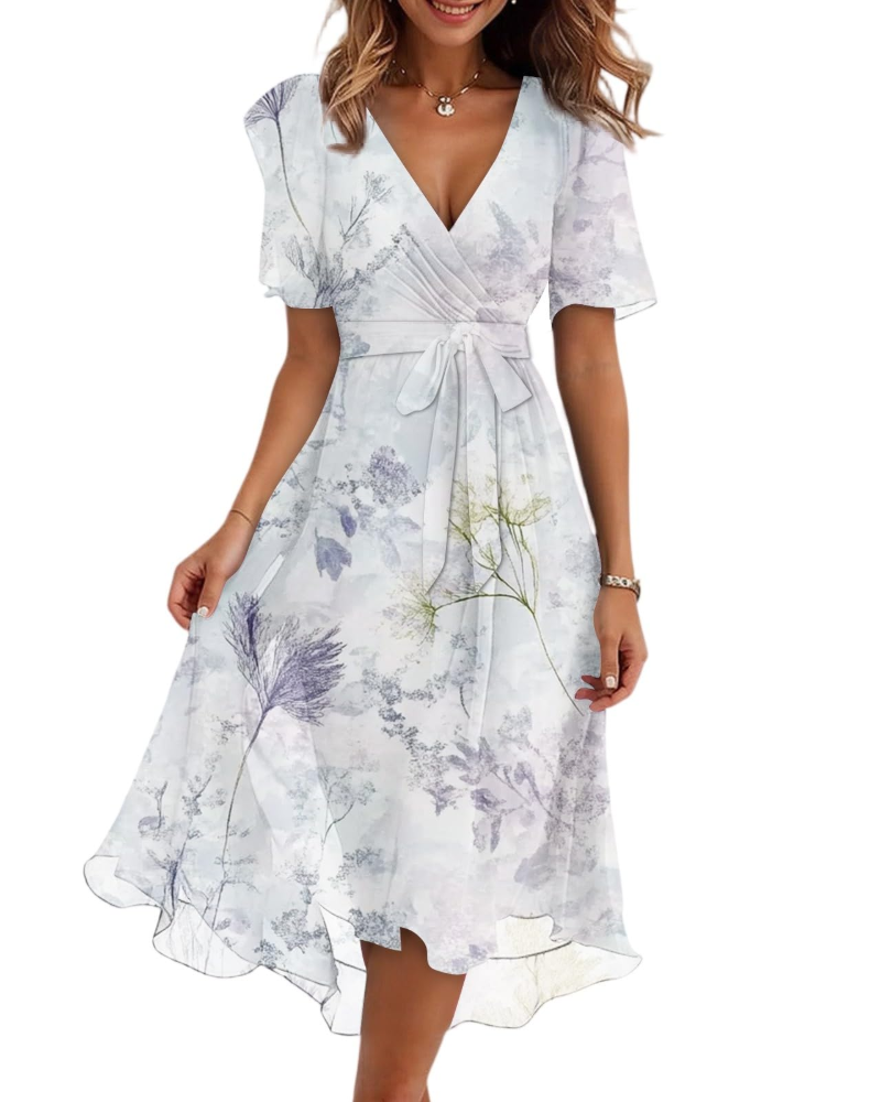 Evelyn Women's Floral Midi Dress – V-Neck Chiffon Wedding Guest Dress with Belt