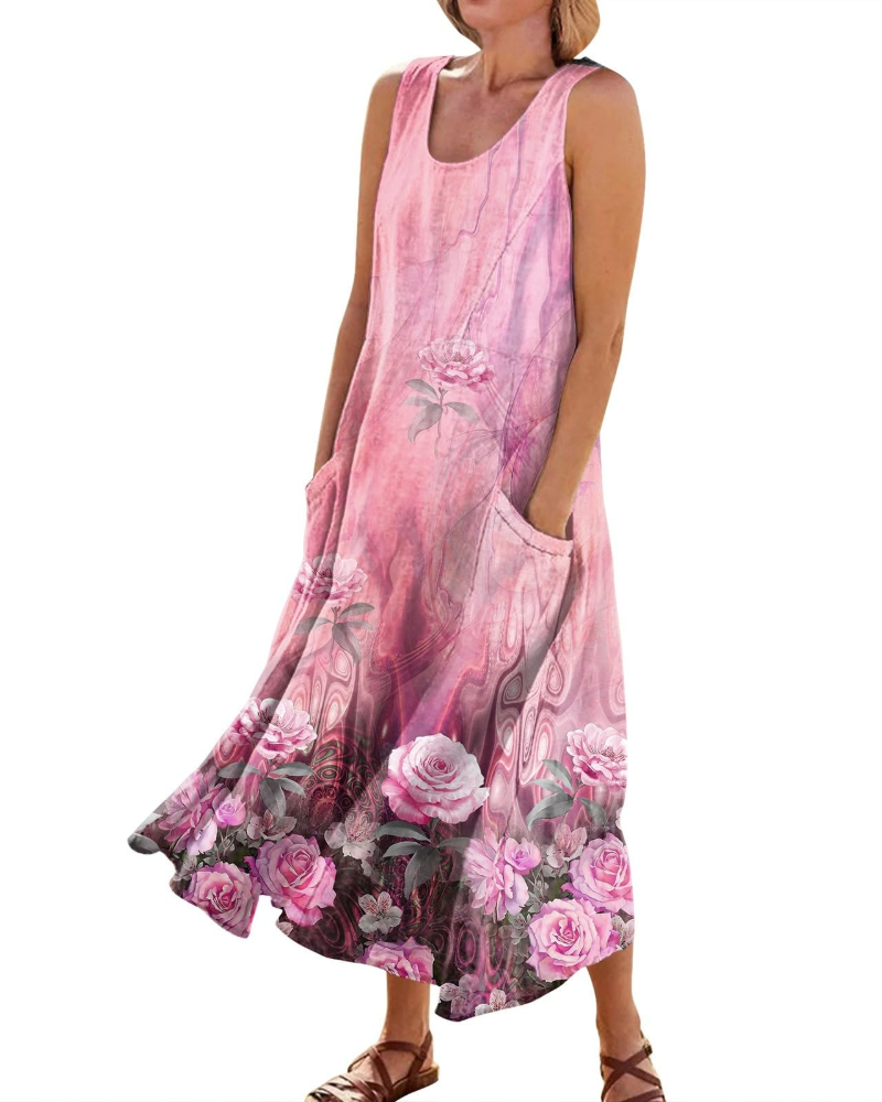 Autumn Women's Bohemian Maxi Dress – Casual Floral Summer Dress with Pockets