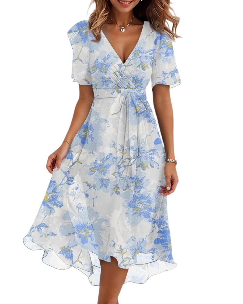 Evelyn Women's Floral Midi Dress – V-Neck Chiffon Wedding Guest Dress with Belt