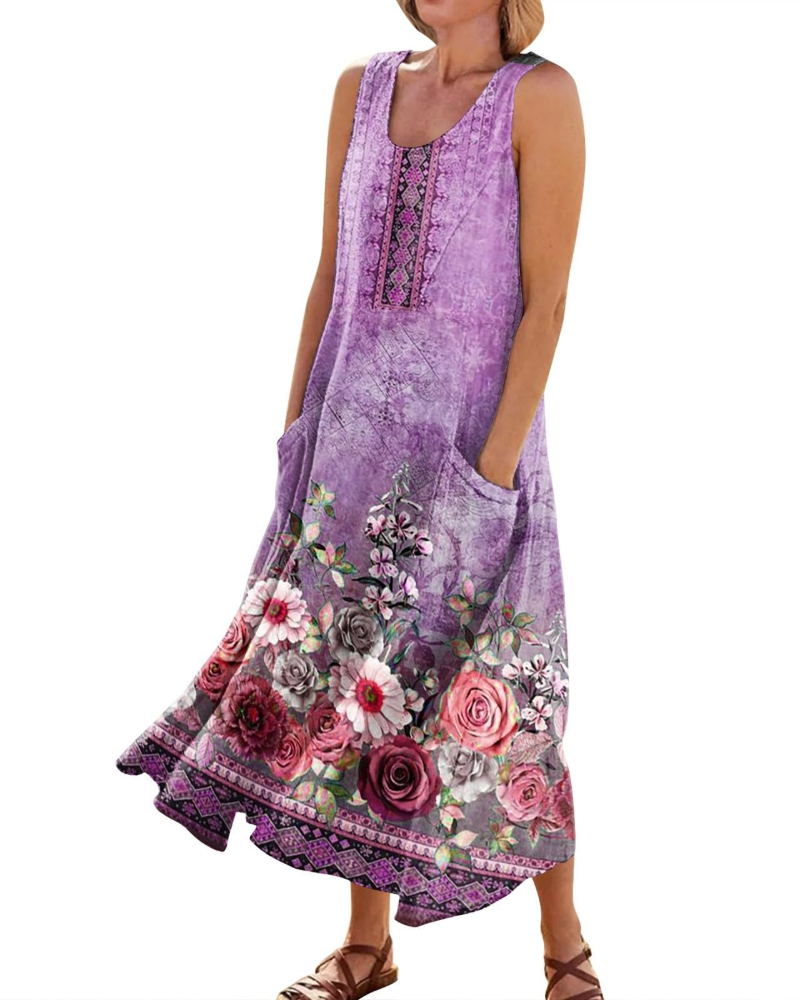 Autumn Women's Bohemian Maxi Dress – Casual Floral Summer Dress with Pockets