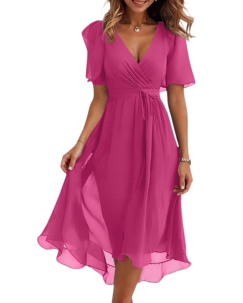 Evelyn Women's Floral Midi Dress – V-Neck Chiffon Wedding Guest Dress with Belt