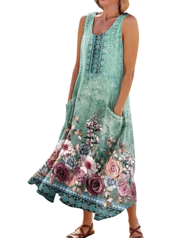 Autumn Women's Bohemian Maxi Dress – Casual Floral Summer Dress with Pockets