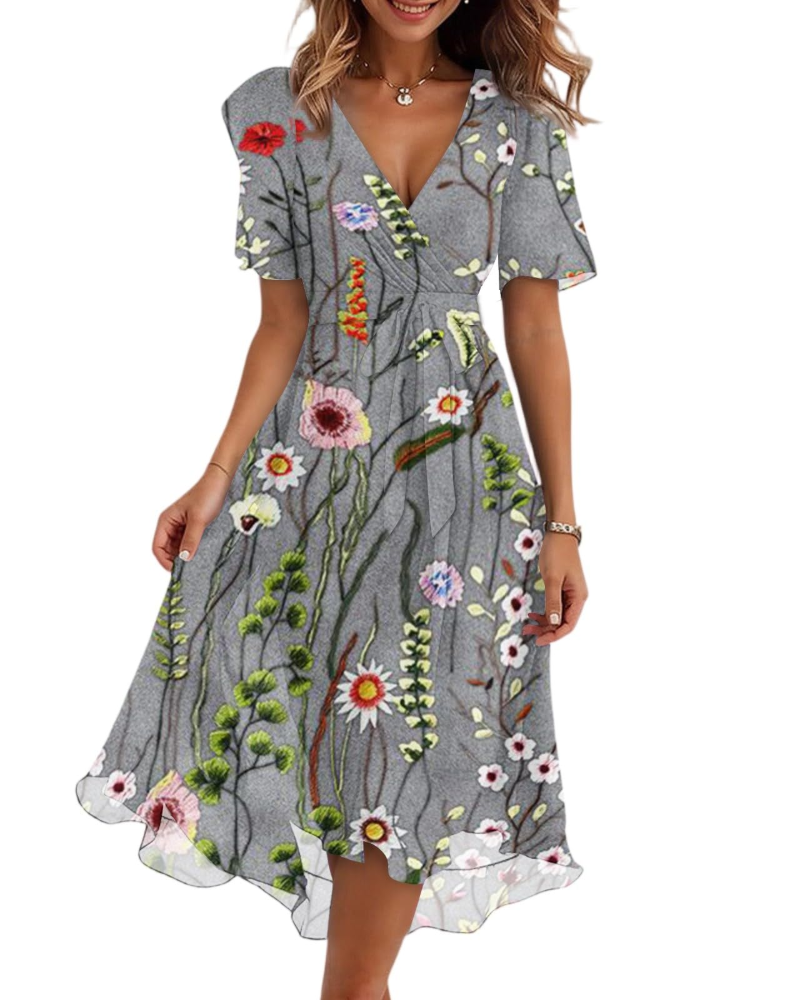 Evelyn Women's Floral Midi Dress – V-Neck Chiffon Wedding Guest Dress with Belt