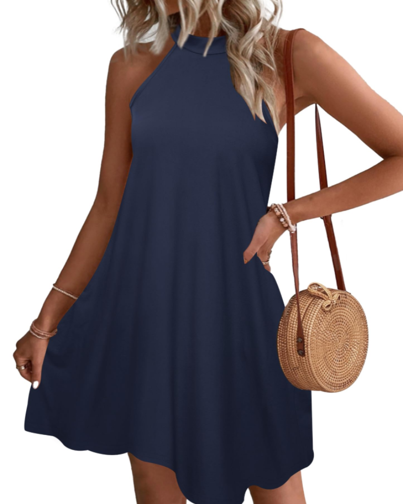 Camille Women's Halter Mini Dress – Sleeveless Summer Beach Dress with Pockets