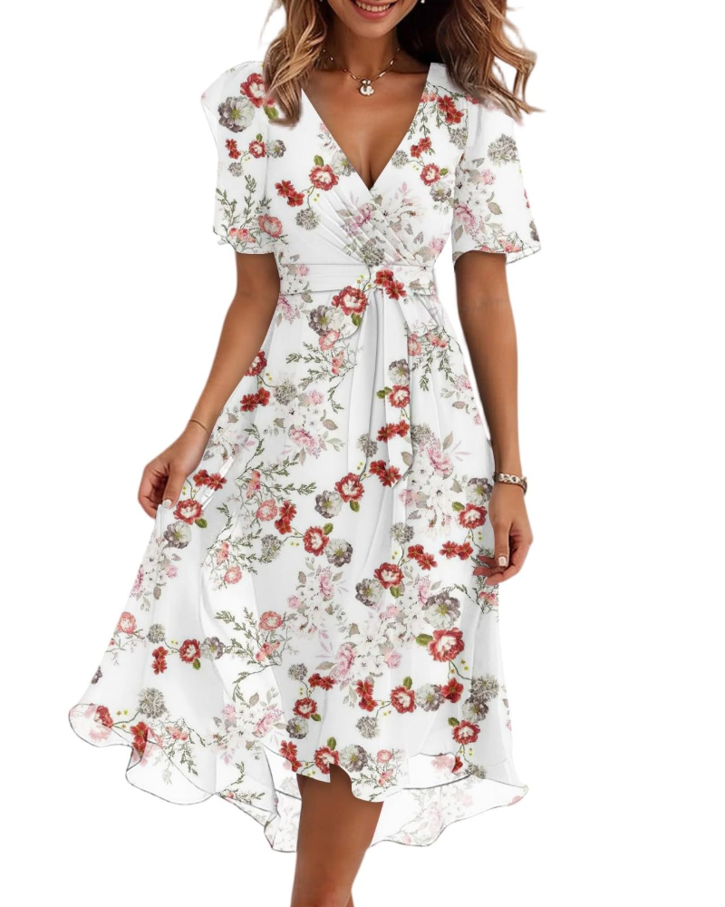 Evelyn Women's Floral Midi Dress – V-Neck Chiffon Wedding Guest Dress with Belt