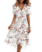 Evelyn Women's Floral Midi Dress – V-Neck Chiffon Wedding Guest Dress with Belt
