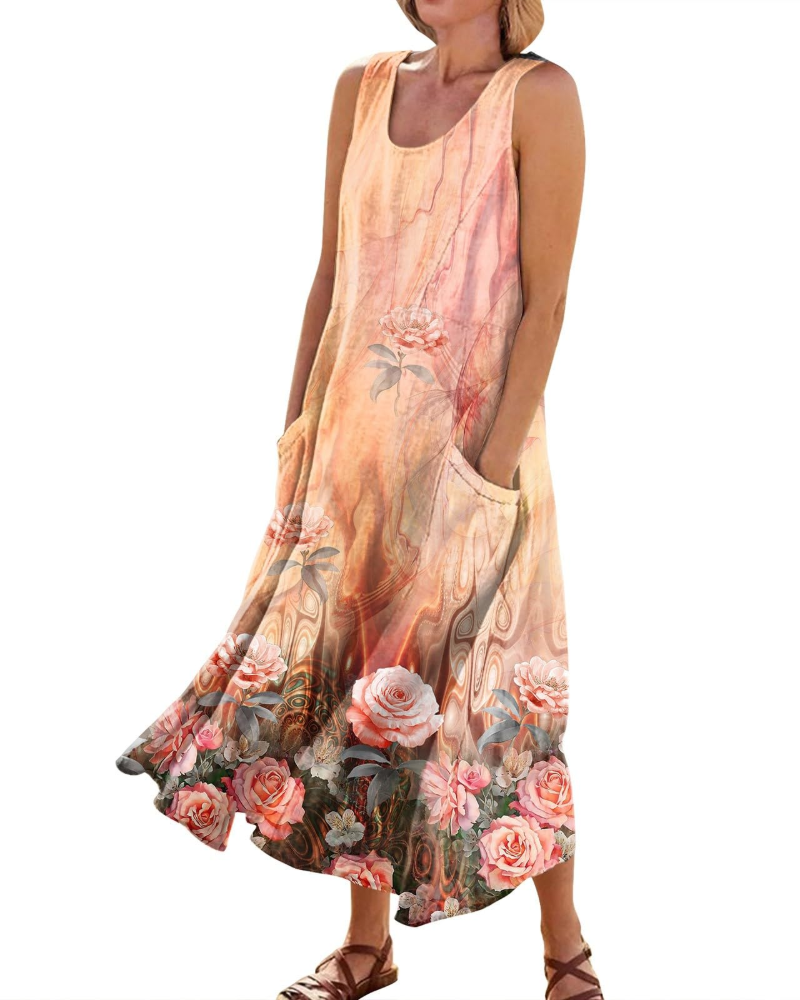 Autumn Women's Bohemian Maxi Dress – Casual Floral Summer Dress with Pockets