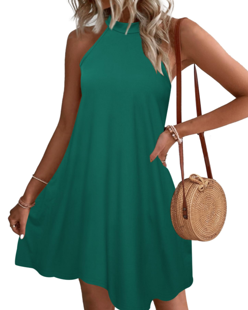 Camille Women's Halter Mini Dress – Sleeveless Summer Beach Dress with Pockets