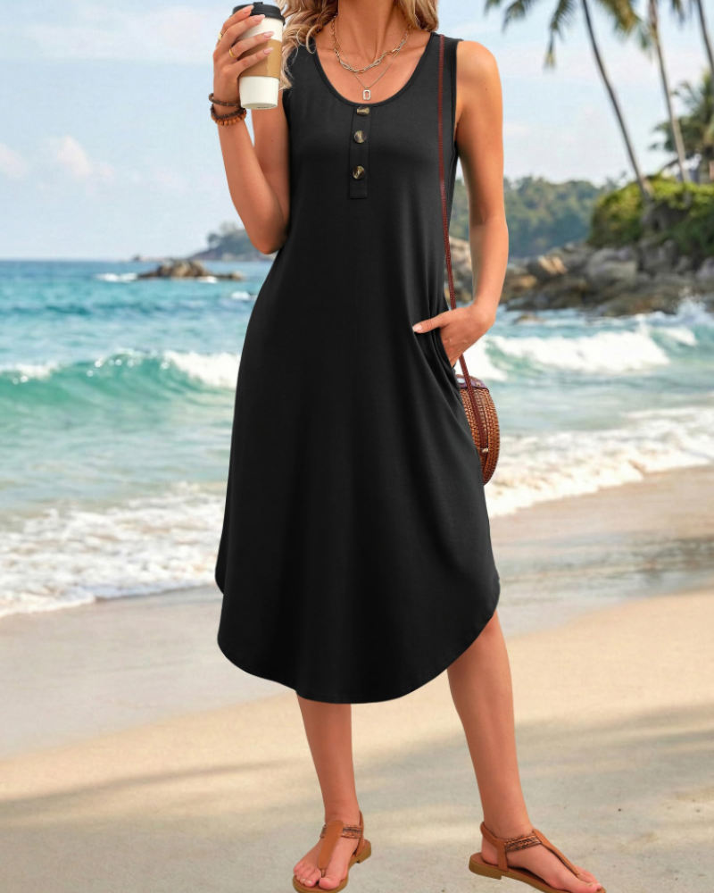 Phoebe Women's Button Front Midi Dress – Sleeveless Casual Summer Dress with Pockets
