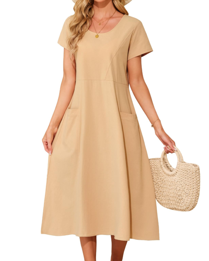 Eliza Women's Cotton Midi Dress – Bohemian Summer Swing Dress with Pockets