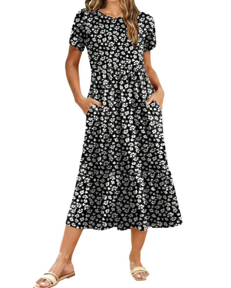 Naomi Women's Floral Midi Dress – Casual Summer A-Line Dress with Pockets