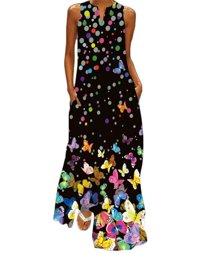 Ruby Women's Butterfly Floral Maxi Dress – Bohemian Sleeveless Summer Dress with Pockets