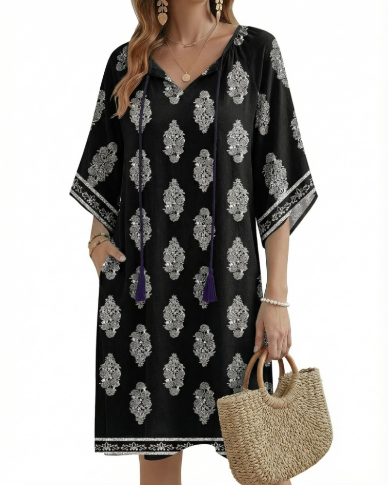 Fiona Women's Boho Tunic Dress – Floral V-Neck Summer Dress with Pockets