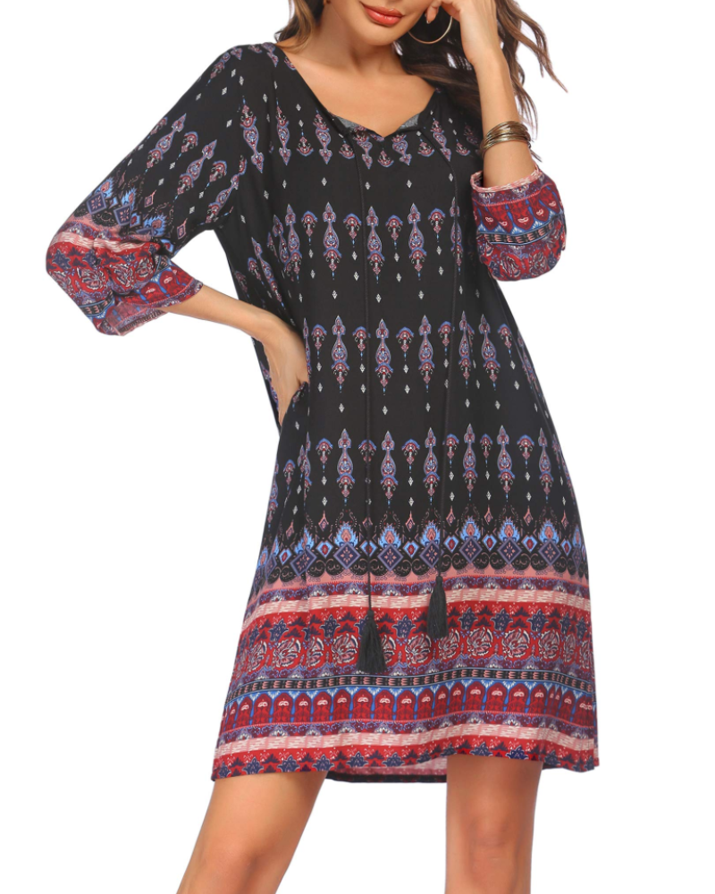 Scarlett Women's Bohemian Tunic Dress – Floral Beach Mini Dress with Tassel Detail