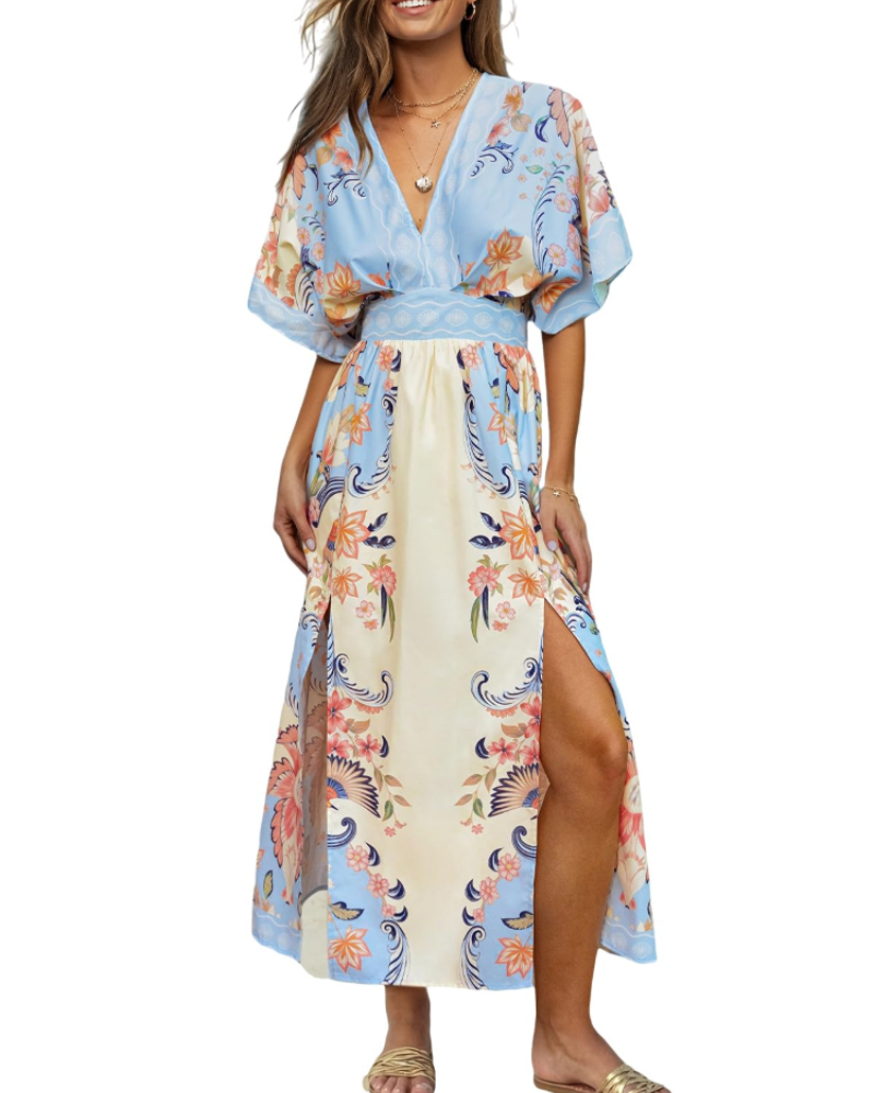 Serena Women's Bohemian Maxi Dress – Floral V-Neck Beach Holiday Dress with Side Slit