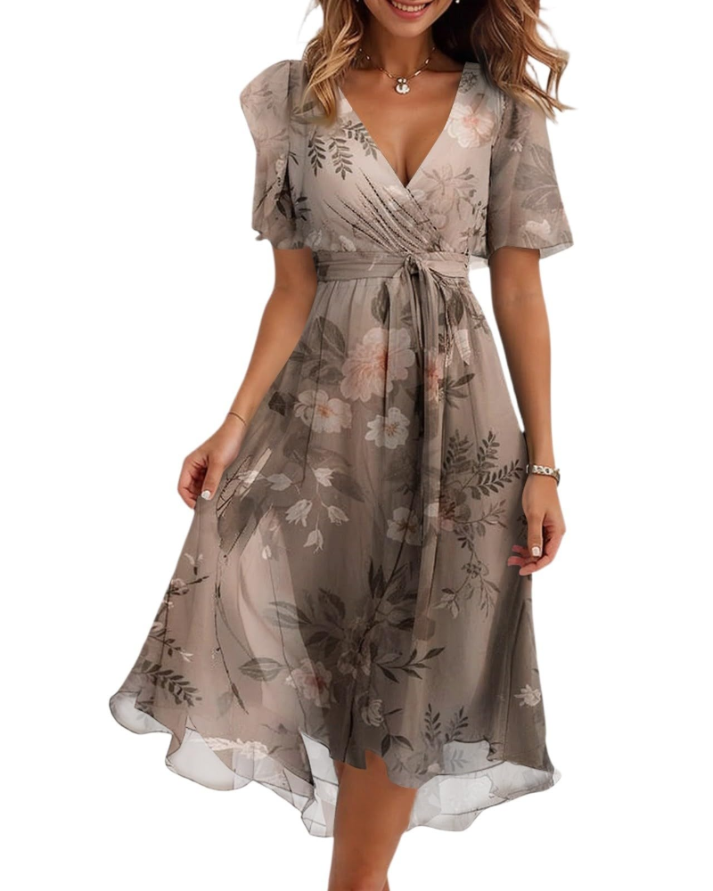 Evelyn Women's Floral Midi Dress – V-Neck Chiffon Wedding Guest Dress with Belt