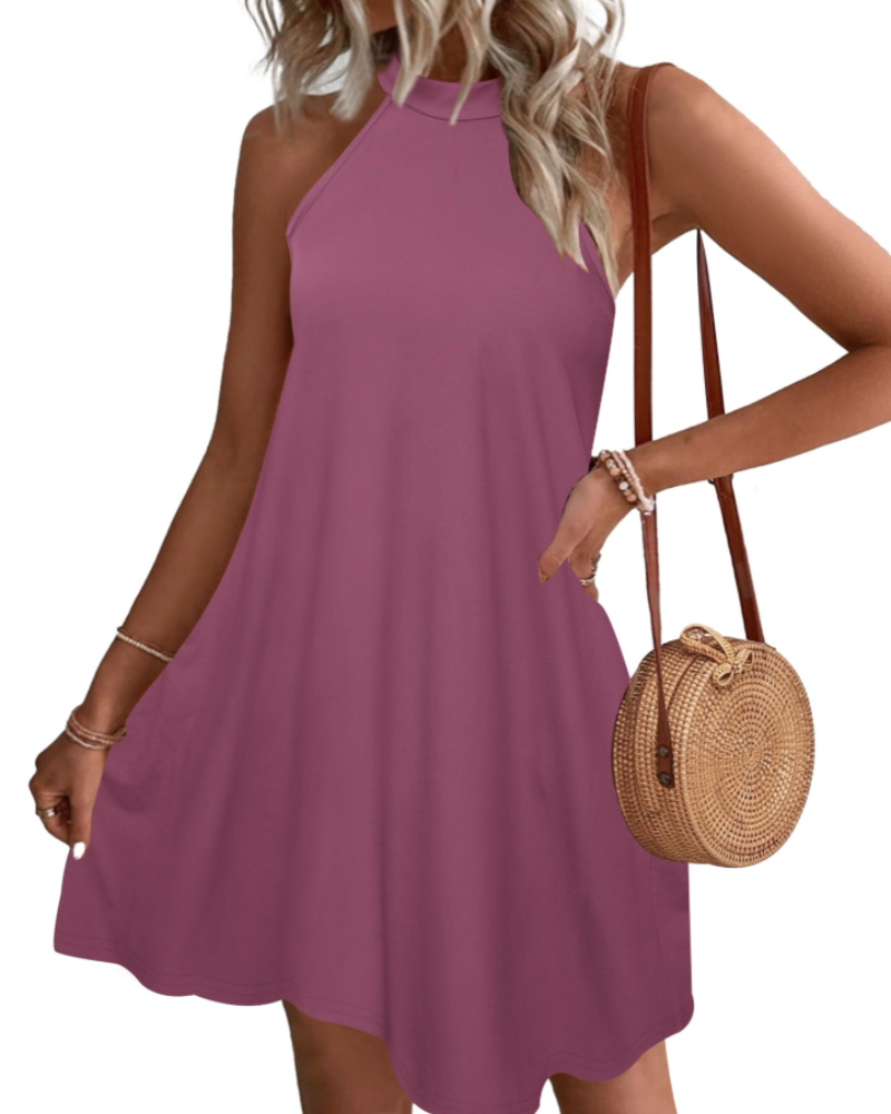 Camille Women's Halter Mini Dress – Sleeveless Summer Beach Dress with Pockets