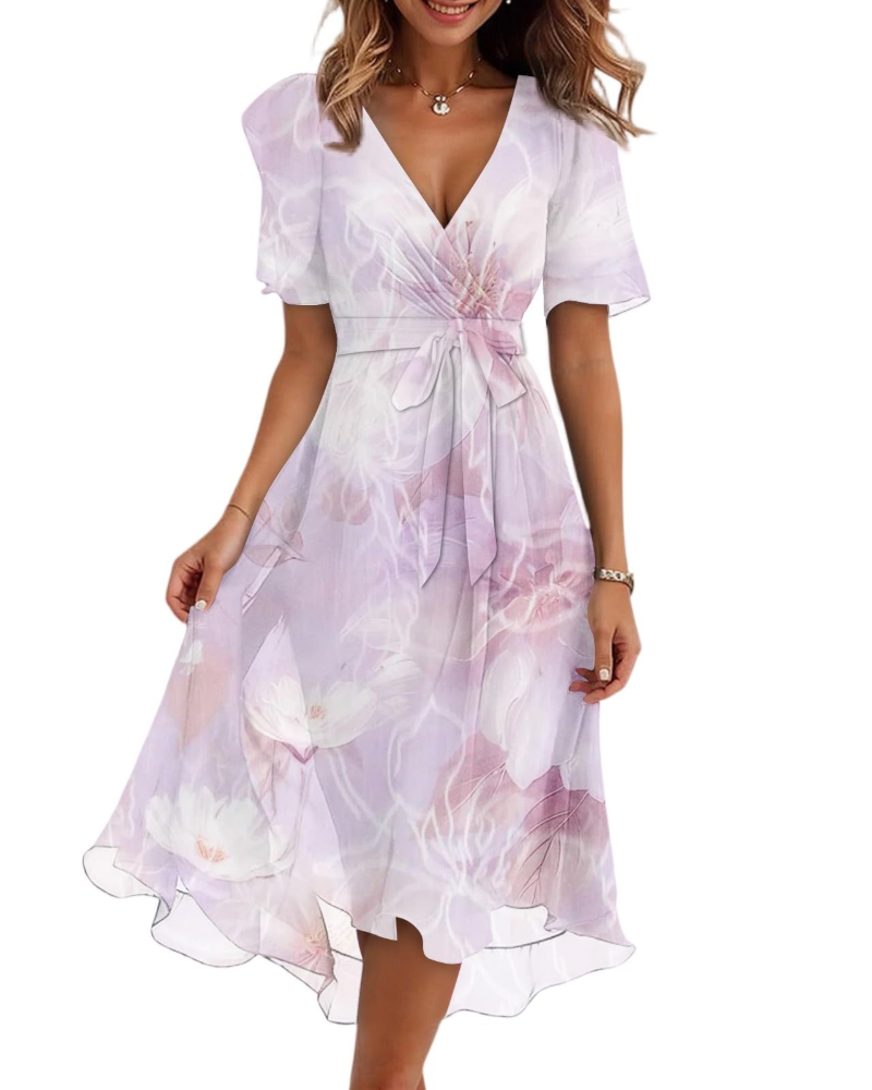 Evelyn Women's Floral Midi Dress – V-Neck Chiffon Wedding Guest Dress with Belt