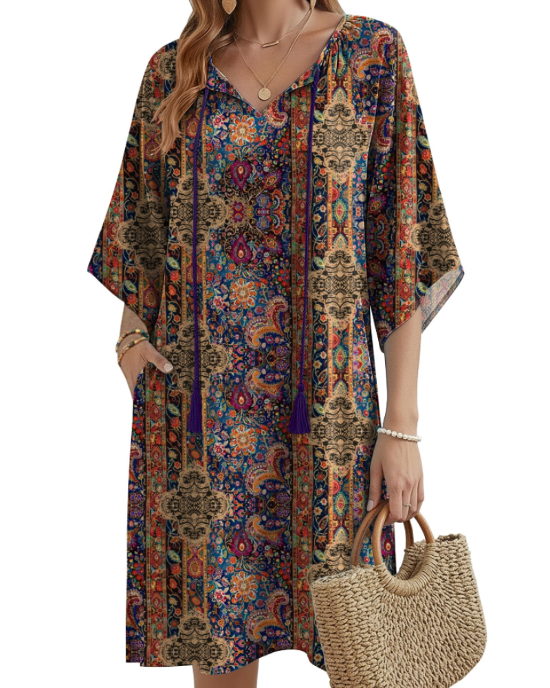 Fiona Women's Boho Tunic Dress – Floral V-Neck Summer Dress with Pockets