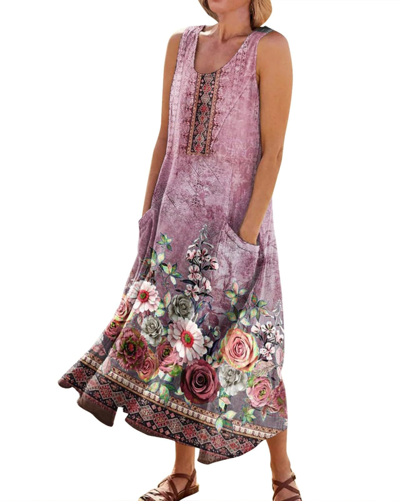 Autumn Women's Bohemian Maxi Dress – Casual Floral Summer Dress with Pockets