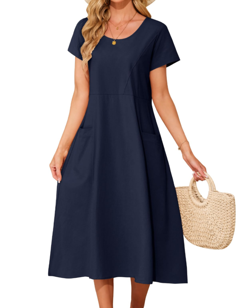 Eliza Women's Cotton Midi Dress – Bohemian Summer Swing Dress with Pockets