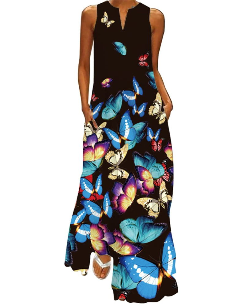Ruby Women's Butterfly Floral Maxi Dress – Bohemian Sleeveless Summer Dress with Pockets