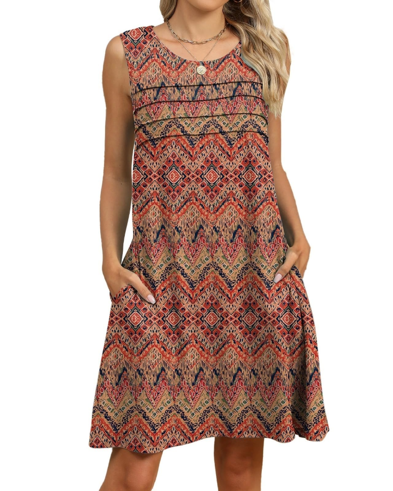 Violet Women's Floral Midi Dress – Sleeveless A-Line Summer Dress with Pockets