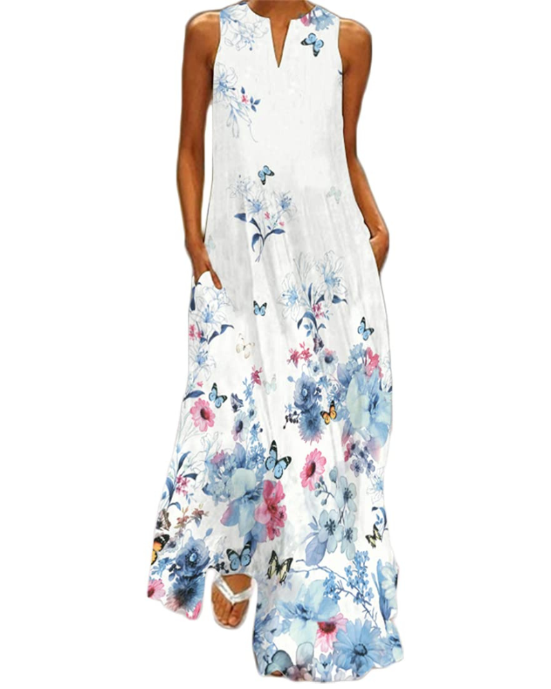 Ruby Women's Butterfly Floral Maxi Dress – Bohemian Sleeveless Summer Dress with Pockets
