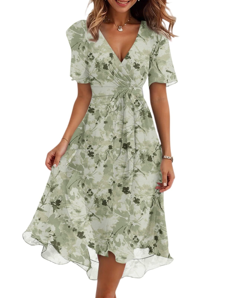 Evelyn Women's Floral Midi Dress – V-Neck Chiffon Wedding Guest Dress with Belt