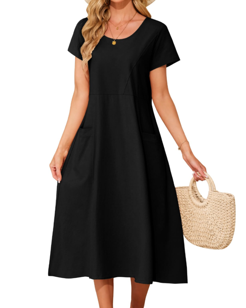 Eliza Women's Cotton Midi Dress – Bohemian Summer Swing Dress with Pockets