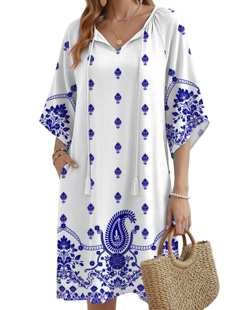 Fiona Women's Boho Tunic Dress – Floral V-Neck Summer Dress with Pockets