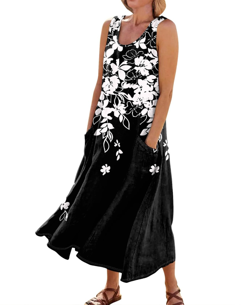 Autumn Women's Bohemian Maxi Dress – Casual Floral Summer Dress with Pockets