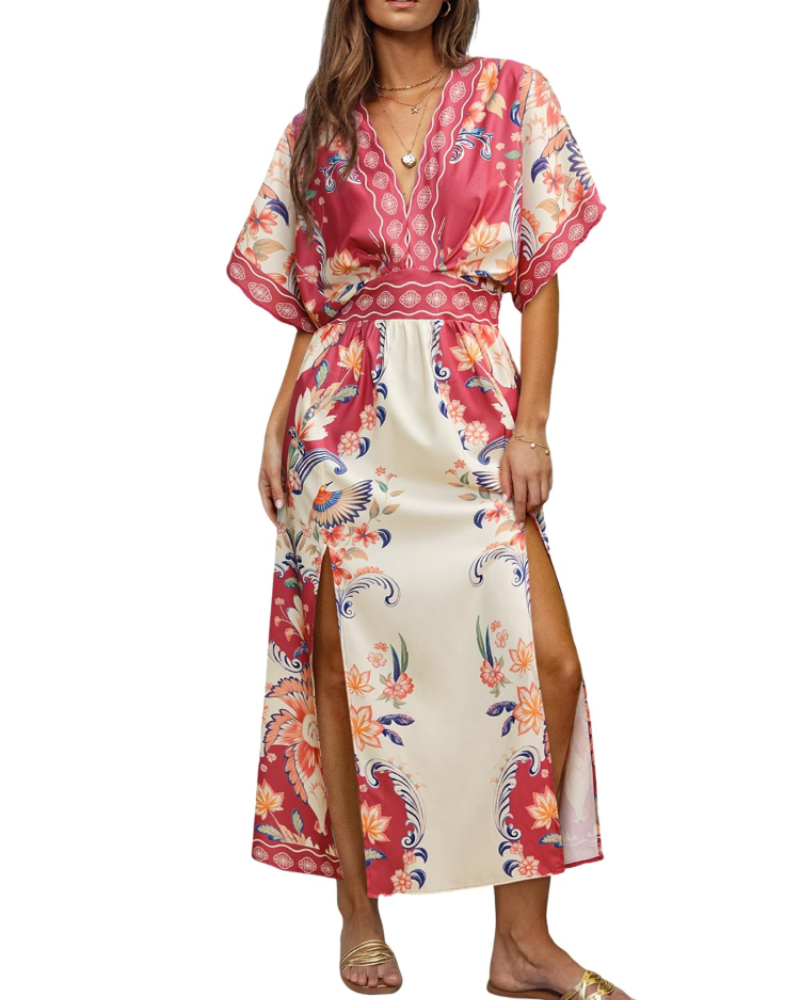 Serena Women's Bohemian Maxi Dress – Floral V-Neck Beach Holiday Dress with Side Slit