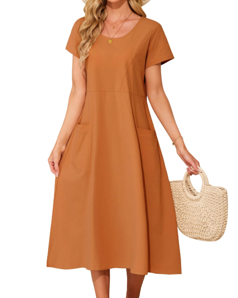 Eliza Women's Cotton Midi Dress – Bohemian Summer Swing Dress with Pockets