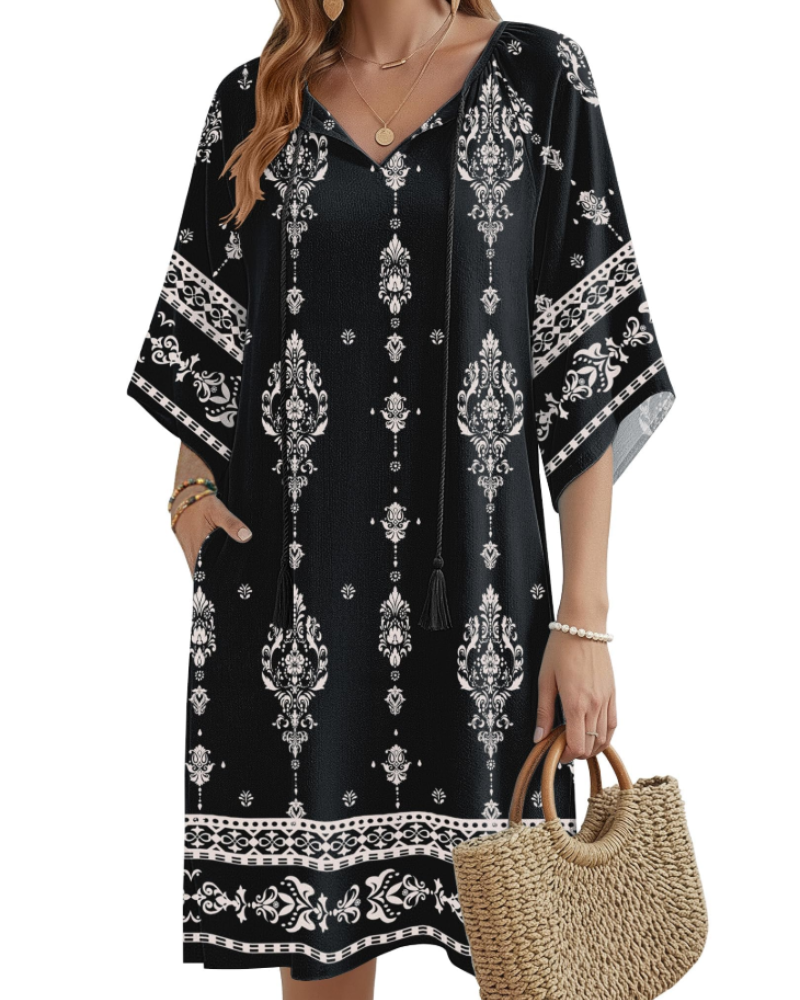Fiona Women's Boho Tunic Dress – Floral V-Neck Summer Dress with Pockets