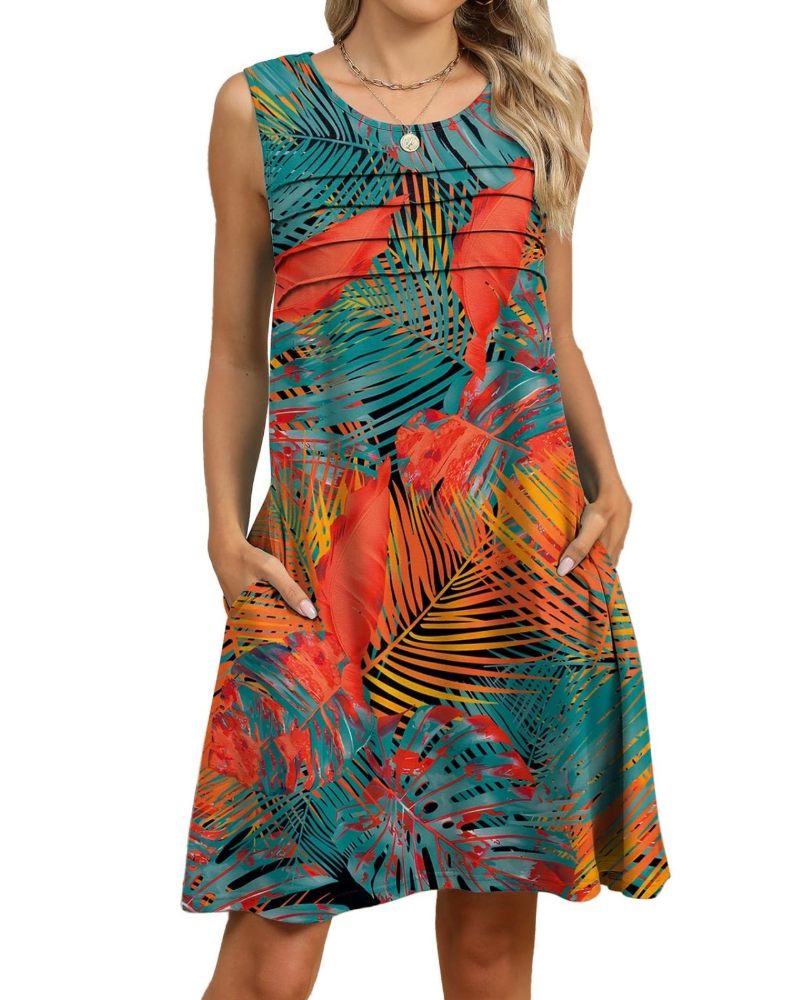 Violet Women's Floral Midi Dress – Sleeveless A-Line Summer Dress with Pockets
