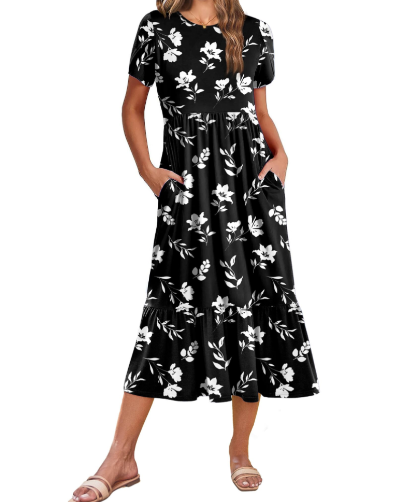 Naomi Women's Floral Midi Dress – Casual Summer A-Line Dress with Pockets
