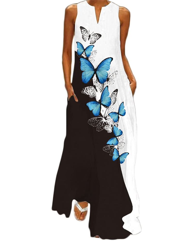 Ruby Women's Butterfly Floral Maxi Dress – Bohemian Sleeveless Summer Dress with Pockets