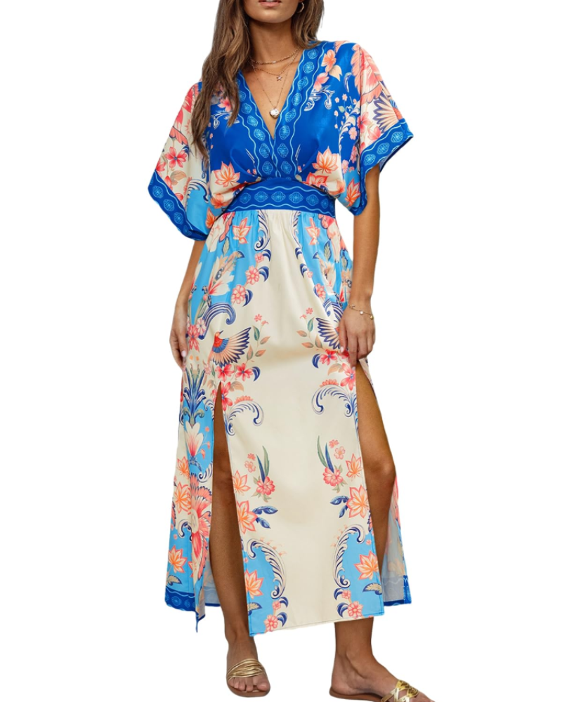 Serena Women's Bohemian Maxi Dress – Floral V-Neck Beach Holiday Dress with Side Slit