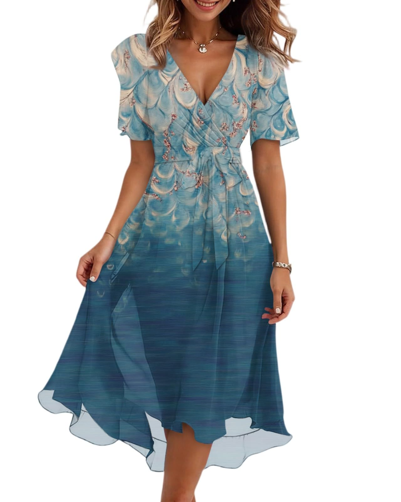 Evelyn Women's Floral Midi Dress – V-Neck Chiffon Wedding Guest Dress with Belt