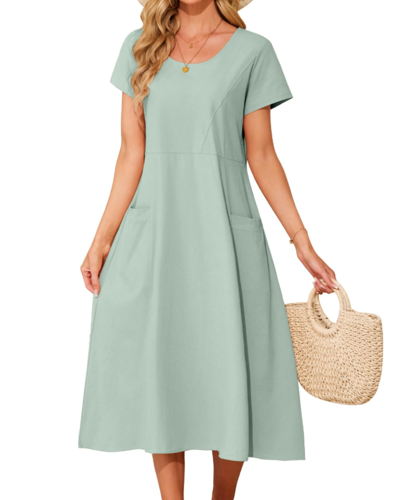 Eliza Women's Cotton Midi Dress – Bohemian Summer Swing Dress with Pockets